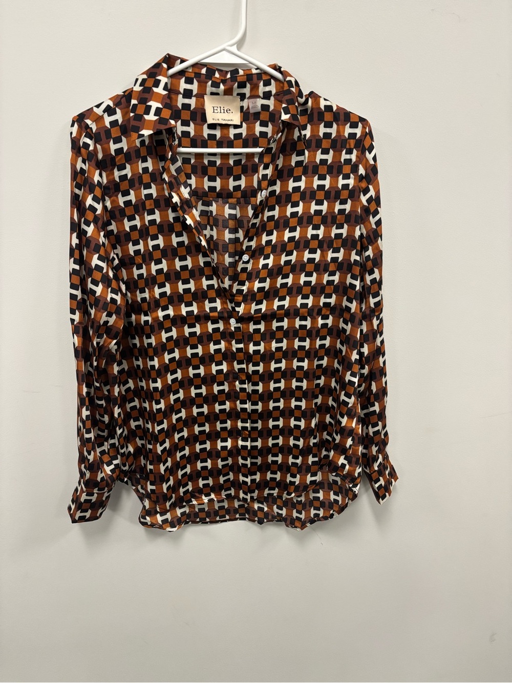 Elie Tahari Brown Black and White Geometric Button-Down Shirt